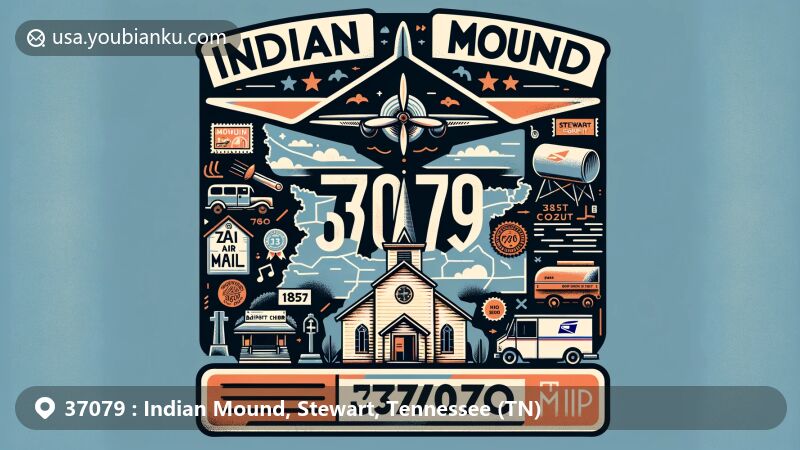 Modern illustration of Indian Mound, Stewart County, Tennessee, featuring vintage air mail envelope with ZIP code 37079, Cross Creek Baptist Church, iconic postal symbols, and Stewart County outline.