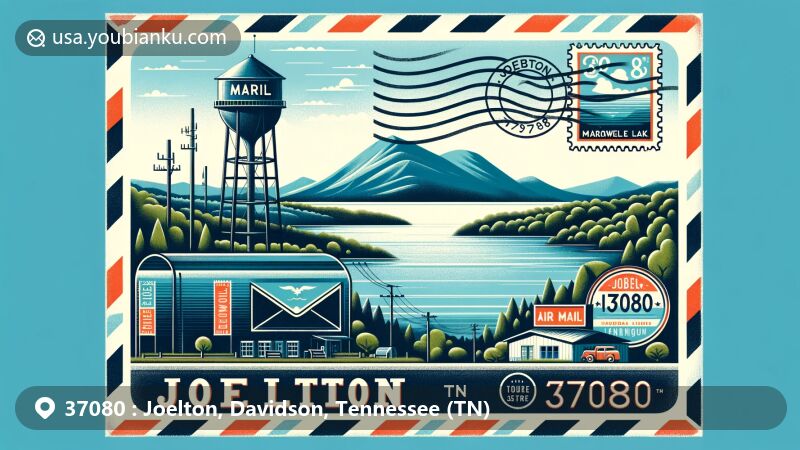 Modern illustration of Joelton, Davidson County, Tennessee, showcasing postal theme with ZIP code 37080, featuring Marrowbone Lake as a key landmark in a scenic landscape.