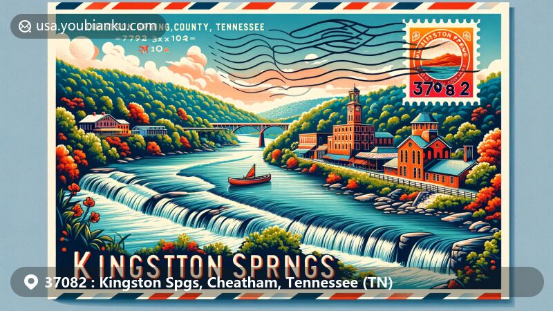 Modern illustration of Kingston Springs, Cheatham County, Tennessee, with ZIP code 37082, showcasing outdoor attractions Narrows of the Harpeth and Harpeth River State Park in a postcard design featuring postal symbols.