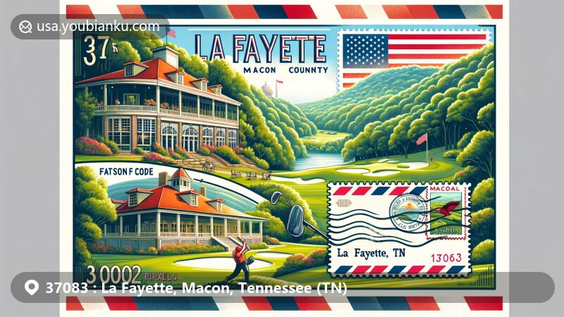 Modern illustration of La Fayette, Macon County, Tennessee (TN), featuring iconic Gibson Cafe or natural park backdrop, air mail envelope/postcard with Macon County Golf Course stamp, '37083' ZIP code, 'La Fayette, TN,' 'Macon County,' and American flag elements.