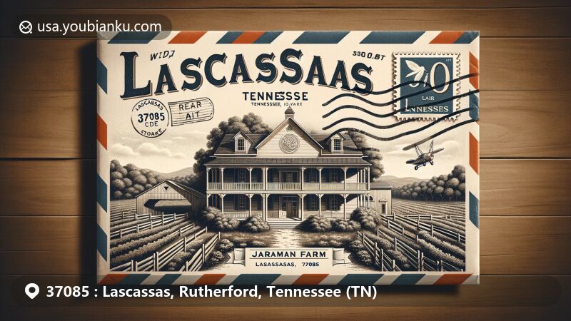 Vintage-style illustration of Lascassas, Tennessee, showcasing Jarman Farm, a historic mid-19th-century Greek Revival farmhouse, surrounded by lush greenery and featuring Lascassas Elementary School, traditional postal elements, and the Tennessee state flag.