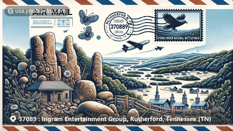 Modern illustration of Rutherford County, Tennessee, highlighting Stones River National Battlefield, Cedar Glades, and Cannonsburgh Village against air mail envelope background.
