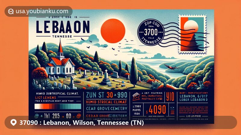 Modern illustration of Lebanon, Tennessee, featuring ZIP code 37090, showcasing Cedar Grove Cemetery and elements of a postal card in a vibrant art style.