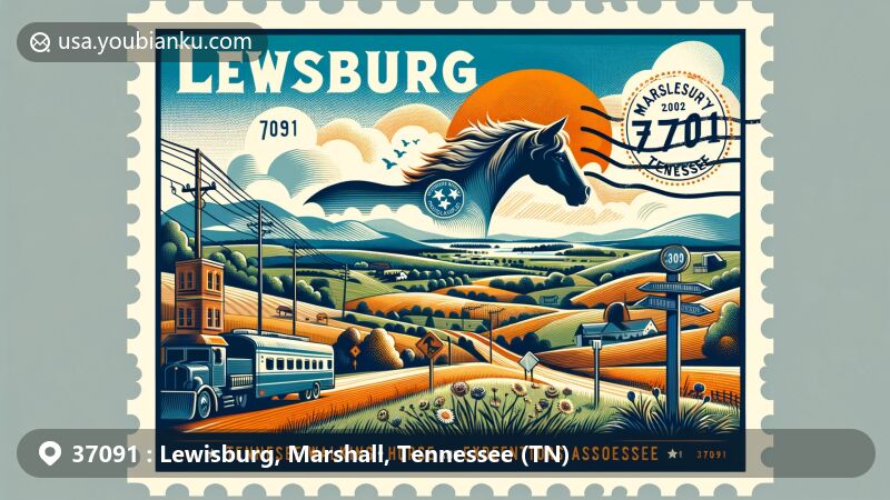 Modern illustration of Lewisburg, Marshall County, Tennessee, blending natural beauty with Tennessee Walking Horse elements, vintage postal stamps, and clear skies, capturing the essence of ZIP code 37091.