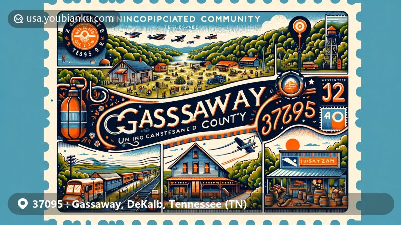 Modern illustration of Gassaway, Cannon County, Tennessee, highlighting postal theme with vintage postcard elements and ZIP code 37095, featuring local landscapes, cultural heritage, and community life.