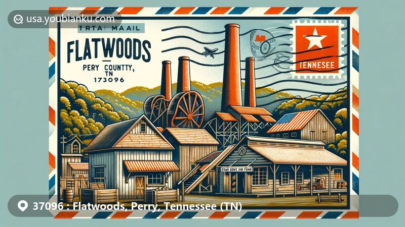 Modern illustration of Flatwoods, Perry County, Tennessee, featuring Cedar Grove Iron Furnace and rustic store or school, highlighting historical Civil War Trail significance and postal theme with ZIP code 37096.