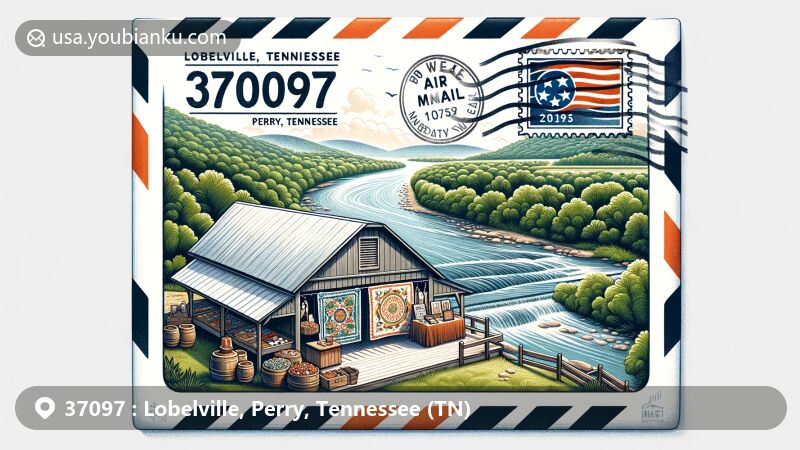 Creative illustration of Lobelville, Tennessee, with ZIP code 37097, depicting a scenic postage scene with Buffalo River and Mennonite market stall.