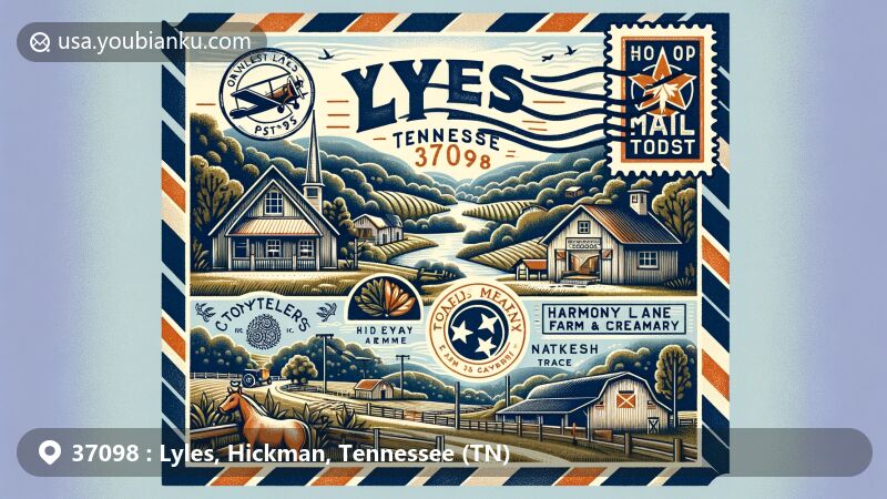 Modern illustration of Lyles, Tennessee, Hickman County, featuring lush landscapes, postal theme, local attractions like Storytellers Hideaway Farm and Museum, Harmony Lane Farm & Creamery, and Natchez Trace Stables.