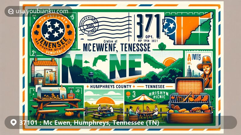 Abstract digital artwork inspired by Mc Ewen, Tennessee, combining modern art elements with rural charm, showcasing community spirit and natural beauty.
