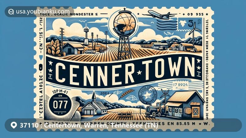 Modern illustration of Centertown, Warren County, Tennessee, showcasing postal theme with vintage stamp, postmark dated 'February 11, 2024,' and ZIP code 37110, featuring rolling hills, farmland, and a typical small town street scene.