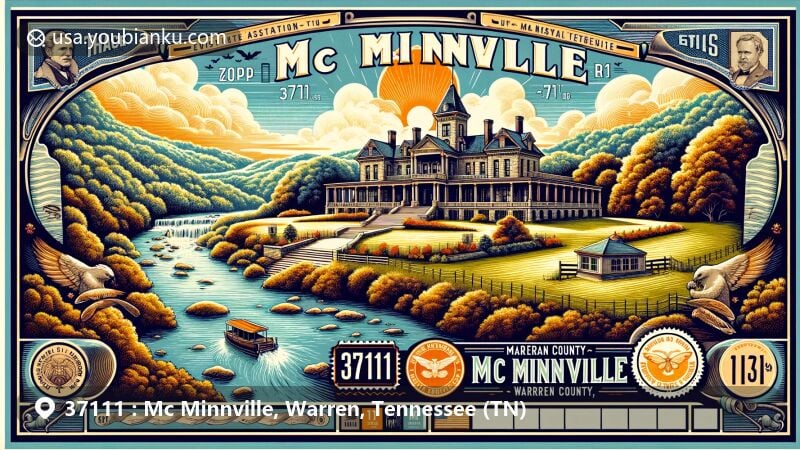 Modern illustration of Mc Minnville, Warren County, Tennessee, showcasing postal theme with ZIP code 37111, featuring Falcon Rest Mansion, Cumberland Plateau, Barren Fork river, and historic stamp.