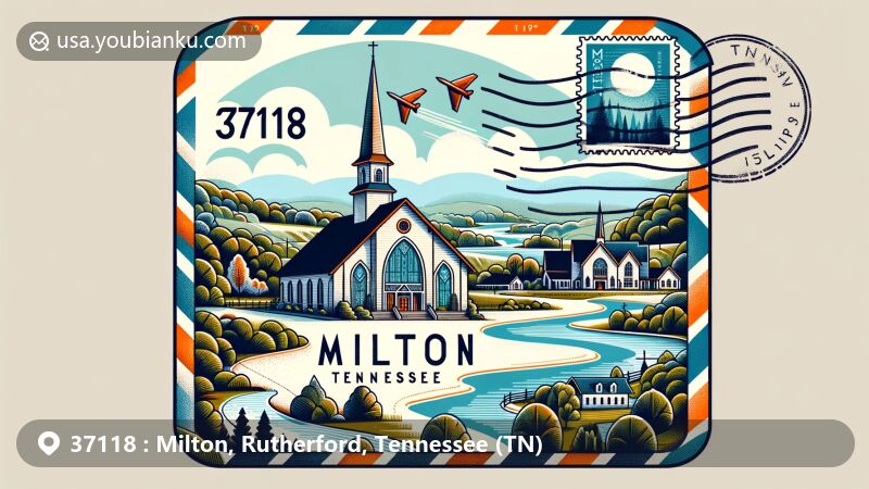 Modern illustration of Milton, Rutherford County, Tennessee, showcasing natural beauty and historic churches—Stones River Presbyterian and Wards Grove Baptist—amid a creative postcard theme with airmail envelope outline, stamps, postmarks, and ZIP code 37118.