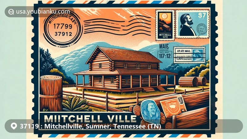 Creative illustration of Mitchellville, Sumner County, Tennessee, highlighting Wynnewood State Historic Site and postal elements with ZIP code 37119 in vintage air mail theme.