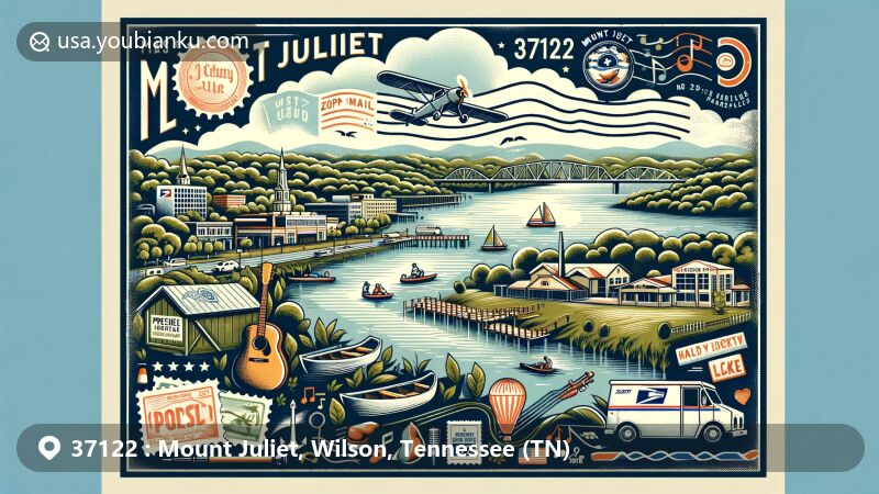 Modern illustration of Mount Juliet, Tennessee, showcasing postal theme with ZIP code 37122, featuring natural beauty of Old Hickory Lake and Percy Priest Lake, iconic venues like Charlie Daniels Park and Providence Marketplace, and outdoor and music cultural elements like boating, fishing, and music symbols.