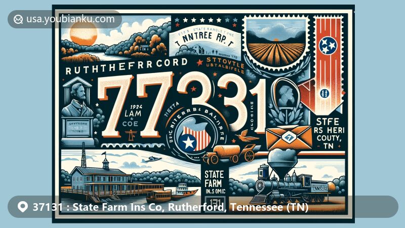 Modern illustration of State Farm Ins Co area, Rutherford County, Tennessee, highlighting ZIP code 37131, showcasing Stones River National Battlefield and Tennessee state flag motifs.