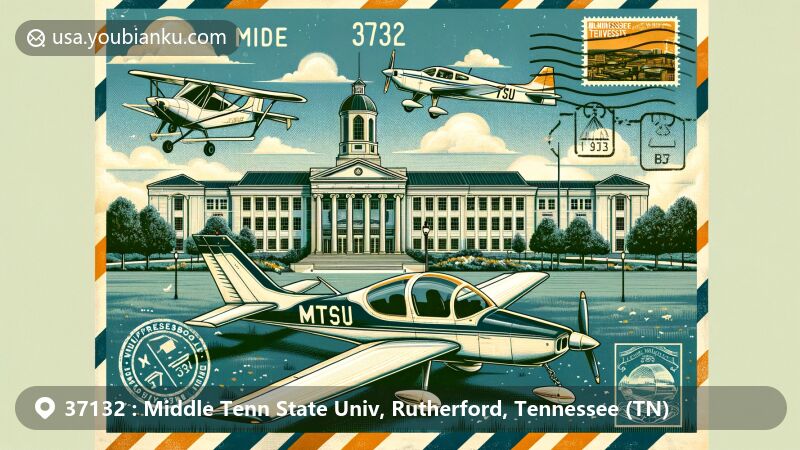 Modern illustration of Middle Tennessee State University (MTSU) in Murfreesboro, Tennessee, showcasing Kirksey Old Main building and Diamond DA40 aircraft, symbolizing educational heritage and Aerospace program.