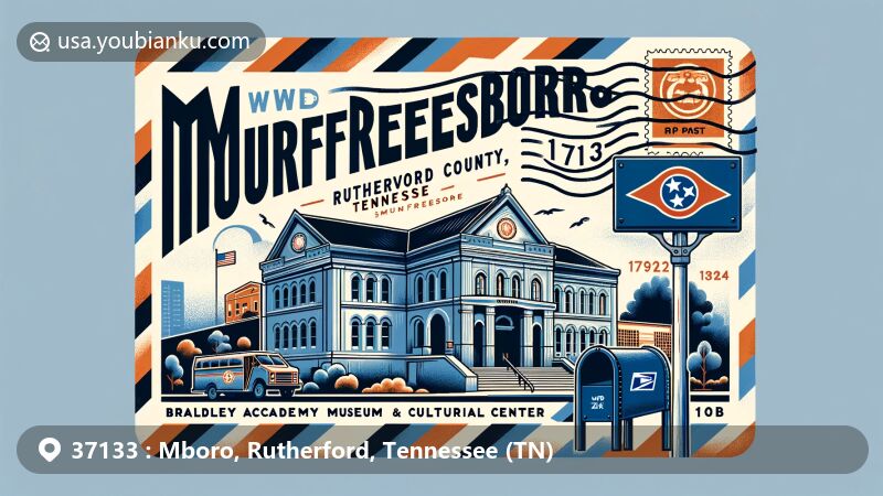 Modern illustration of Murfreesboro, Rutherford County, Tennessee, with Bradley Academy Museum and Cultural Center, Tennessee state flag, ZIP Code '37133', postmark, and American mailbox.