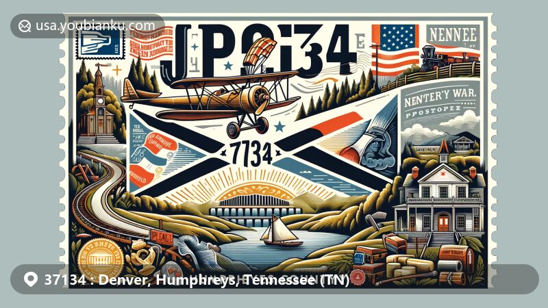 Modern illustration of Denver, Humphreys County, Tennessee, featuring air mail envelope with ZIP code 37134, showcasing local landmarks like Humphreys County Museum, Civil War Fort, and Kentucky Lake near New Johnsonville.