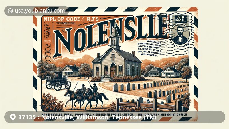 Modern illustration of Nolensville, Tennessee, with vintage postcard design showcasing key historical landmarks like Nolensville School, Wheeler's Raid tribute, Nolensville United Methodist Church, and Nolensville Cemetery.
