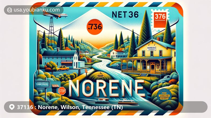 Modern illustration of Norene, Tennessee, showcasing postal theme with ZIP code 37136, featuring Norene General Store, Norene Post Office, Cedars of Lebanon State Park, Cumberland River, and Tennessee state symbols.