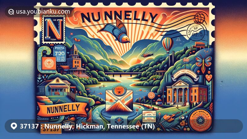 Modern illustration of Nunnelly, Hickman County, Tennessee, depicting postal theme with ZIP code 37137, showcasing state routes 48 and 230 intersection, outdoor activities, post office, local festivals, and natural beauty.