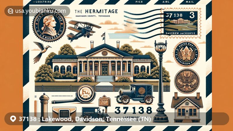 Modern illustration of Lakewood community and The Hermitage in Davidson County, Tennessee, styled as a postcard with ZIP code 37138, featuring symbols of DuPont company and local flora.
