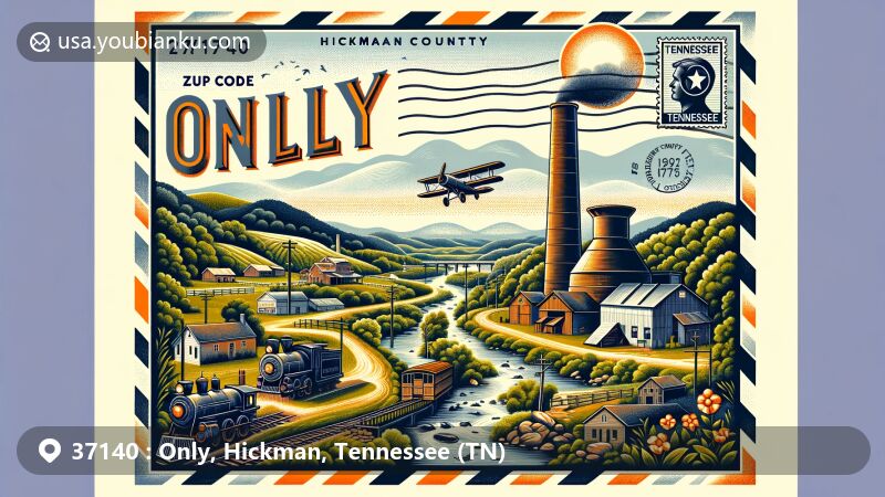 Modern illustration of Only, Hickman County, Tennessee, capturing ZIP code 37140 and showcasing rural and historical elements like rolling hills, the Duck River, and an iron furnace. Tennessee state flag and postal theme with vintage postcard design.