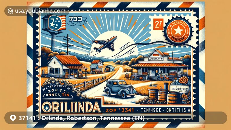 Modern illustration of Orlinda, Tennessee, highlighting postal theme with ZIP code 37141, featuring Orlinda General Store and elements symbolizing 'The Sunniest Spot in Tennessee'.