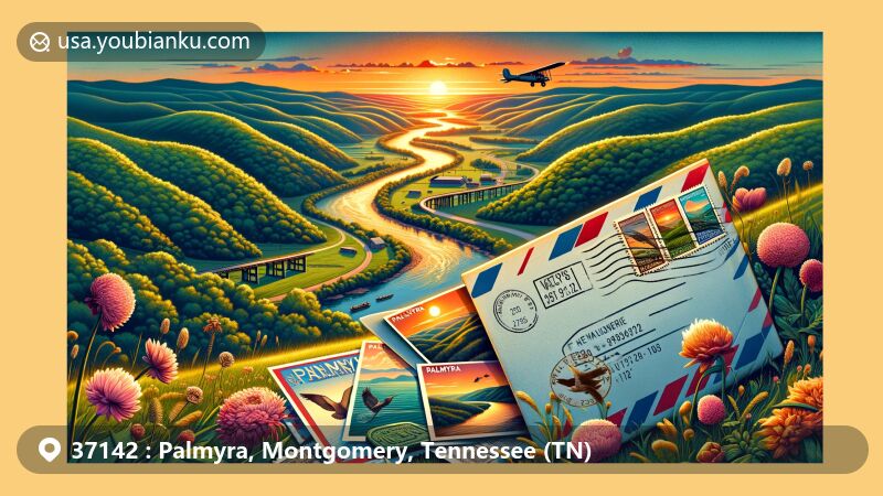 Modern illustration of Palmyra, Montgomery County, Tennessee, featuring Buffalo River, rolling hills, and sunset sky, with vintage airmail envelope and postal symbols, highlighting the postal theme and ZIP code 37142.
