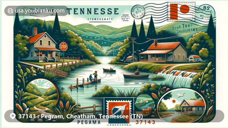 Modern illustration of Pegram, Cheatham County, Tennessee, inspired by ZIP code 37143, showcasing community spirit, natural beauty, and outdoor activities like nature trails and fishing, against Tennessee's lush landscapes.