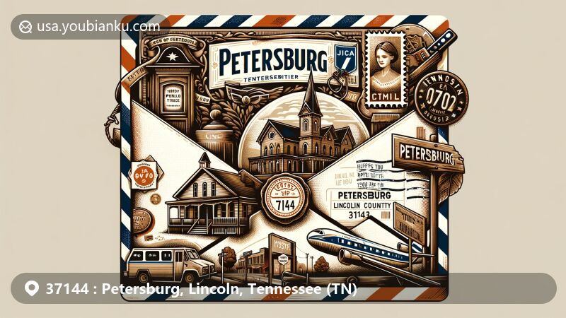 Modern illustration of Petersburg, Lincoln County, Tennessee, featuring vintage airmail envelope adorned with historic landmarks like Petersburg Historic District and Petersburg Cumberland Presbyterian Church, at the junction of Tennessee State Route 130 and Tennessee State Route 129, with prominent '37144' ZIP code on stamp and authentic postmark, surrounded by iconic postal symbols like classic mailbox and mail delivery truck, blending modern and vintage postal elements in warm nostalgic colors and delicate textures, showcasing Petersburg's charm and enduring value of postal service.