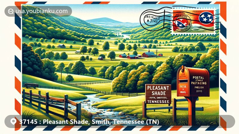 Modern illustration of Pleasant Shade, Smith County, Tennessee, featuring rural charm and natural beauty with rolling hills, green landscapes, and a picturesque stream. Includes vintage-style postcard with ZIP code 37145, state flag postage stamp, and classic red mailbox.