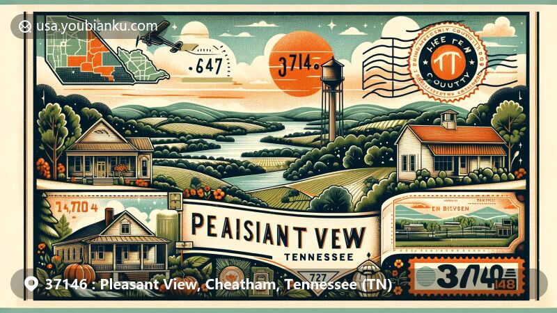 Modern illustration of Pleasant View, Tennessee, featuring ZIP code 37146, showcasing natural beauty of rolling hills, lush forests, and nearby lakes or streams, along with local community symbols and historical landmarks.