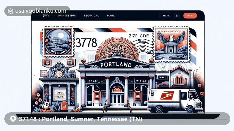 Modern illustration of Portland and Sumner County, Tennessee, featuring airmail envelope with Temple Theatre and Wynnewood State Historic Site stamps, ZIP code 37148, mailbox icon, and postal van.