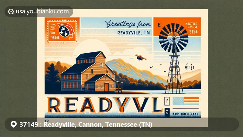 Modern illustration of Readyville, Cannon County, Tennessee, featuring ZIP code 37149 and iconic landmarks like Readyville Mill and Pilot Knob, alongside Tennessee state flag and postal elements.