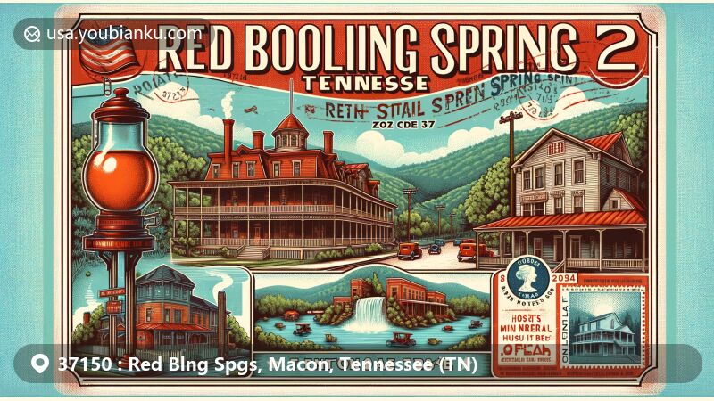 Modern illustration of Red Boiling Springs, Macon, Tennessee, featuring historic landmarks like Donoho Hotel, Armour's Hotel and Spa, and Thomas House, known for mineral springs and ghost tours, blending natural beauty with postal themes.