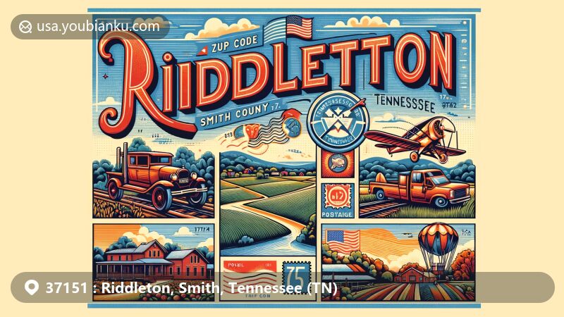 Modern illustration of Riddleton, Smith County, Tennessee, highlighting ZIP code 37151, featuring iconic Tennessee state symbols and a postal theme.