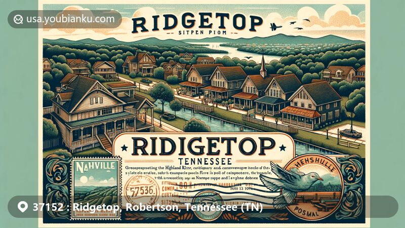 Modern illustration of Ridgetop, Tennessee, showcasing Highland Rim location over 800 feet above sea level, highlighting unique topography and climate. Features historic 'The Enclosure' resort, ZIP code 37152, vintage postcard design with postal icons.