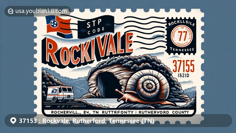 Modern illustration of Rockvale, Rutherford County, Tennessee, with ZIP code 37153, featuring vintage postcard layout, Snail Shell Cave, Tennessee state flag, and Rutherford County outline.