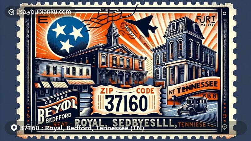 Modern illustration of Royal, Bedford, Tennessee, showcasing East Shelbyville Historic District with ZIP Code 37160, featuring vintage postal elements and silhouette of Tennessee.