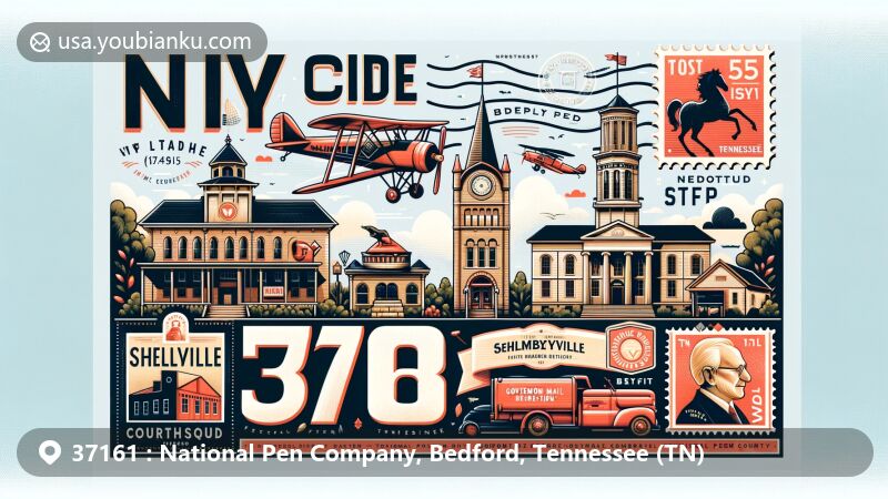 Creative illustration of ZIP code 37161 in Bedford, Tennessee, featuring landmarks like Shelbyville Courthouse Square Historic District and Governor Prentice Cooper House, reflecting rich history and cultural significance.