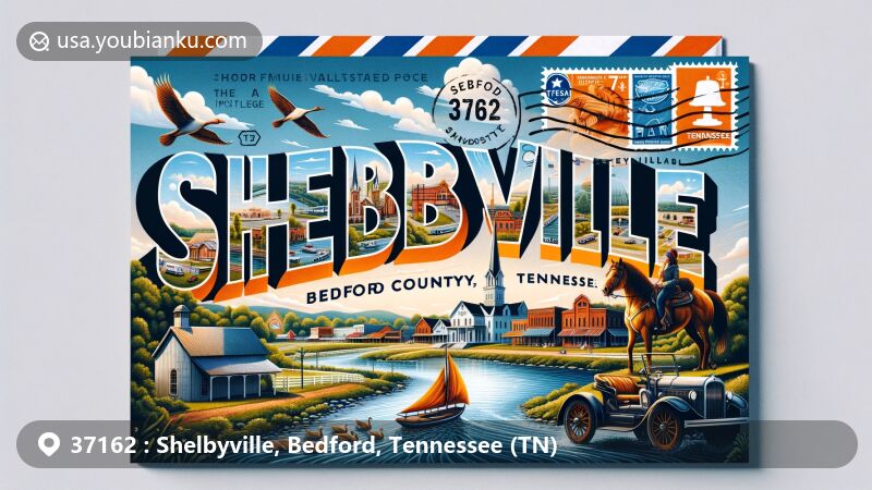 Modern illustration of Shelbyville, TN, depicting downtown Square, horse farm, Duck River, and Tennessee symbols with postal elements, serving as vibrant invitation to explore city's heritage.