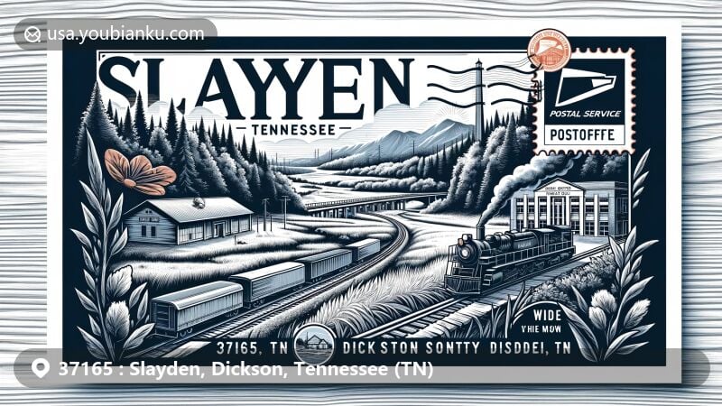 Modern postcard illustration of Slayden, Dickson, Tennessee, in ZIP code 37165, highlighting natural landscapes, historical railroad, Dickson Post Office, and postal elements.