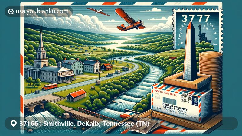 Modern illustration of Smithville, DeKalb County, Tennessee, blending natural scenery with postal elements, capturing the town's charm, climate, and local landmarks.