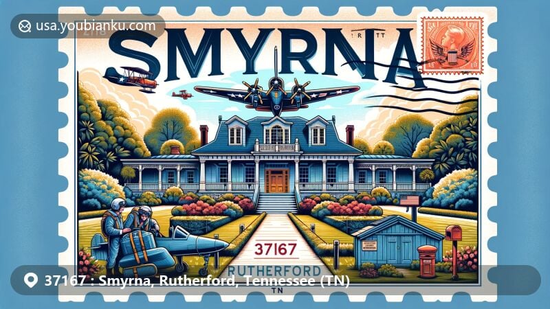 Modern illustration of Smyrna, Rutherford County, Tennessee, showcasing ZIP code 37167 with Sam Davis Home, Captain Jeff Kuss USMC Memorial, vintage air mail envelope, and postal elements.