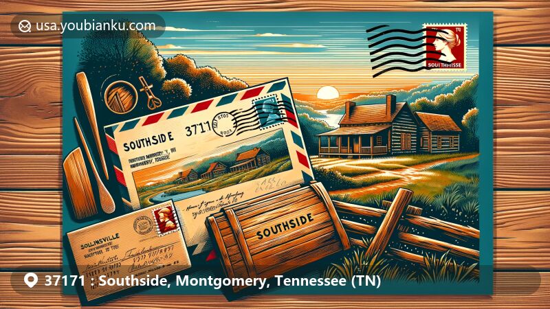 Creative illustration of Southside, Montgomery, Tennessee, showcasing Historic Collinsville pioneer settlement with restored log homes and postal elements like vintage air mail envelope, postage stamp with ZIP code 37171, and postmark stamp 'Southside, TN'.