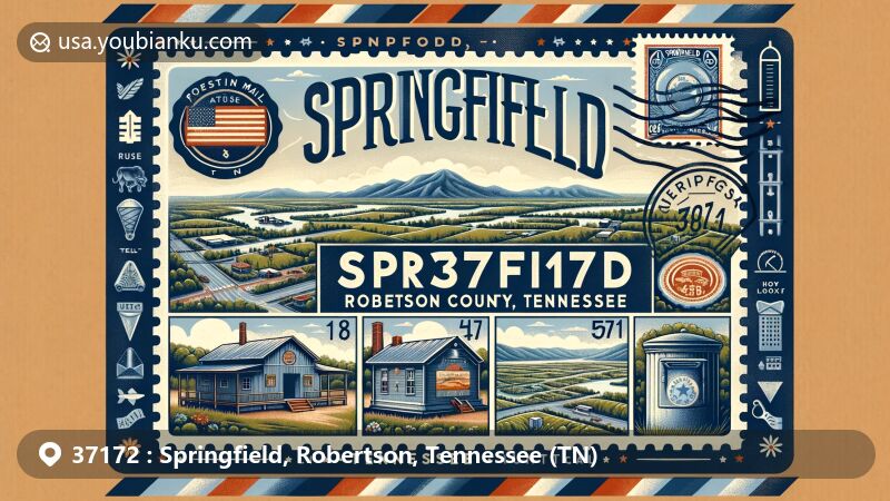 Modern illustration of Springfield, Robertson County, Tennessee, featuring ZIP code 37172, inspired by vintage air mail envelope, showcasing geographical features, key roadways, local landmarks, and community art.
