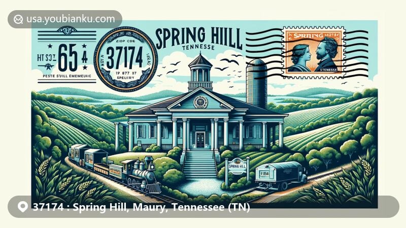 Modern illustration of Spring Hill, Tennessee, representing ZIP code 37174, featuring Rippa Villa and contemporary symbols, blending historical significance with modern growth, set against the lush Tennessee landscape.
