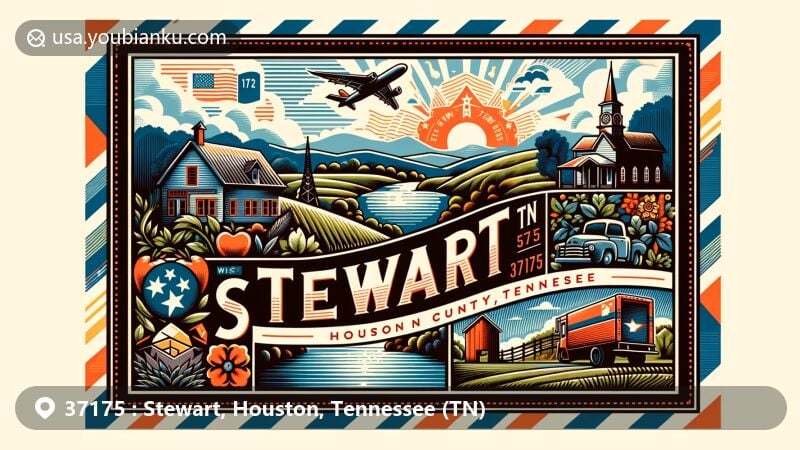 Modern illustration of Stewart, Houston County, Tennessee, capturing the essence of rural Tennessee with a postal theme for ZIP code 37175, featuring scenic beauty and outdoor lifestyle elements.
