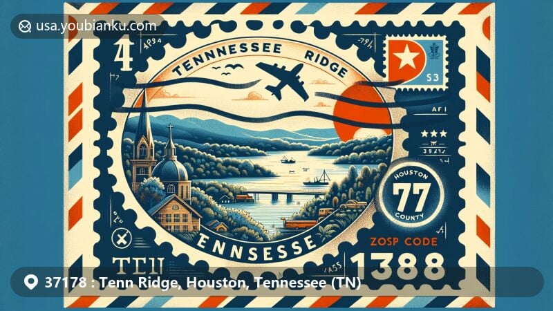 Modern illustration of Tennessee Ridge, Tennessee, showcasing postal theme with ZIP code 37178, featuring vintage air mail envelope with postage stamp and postmark, highlighting scenic beauty and regional symbols.